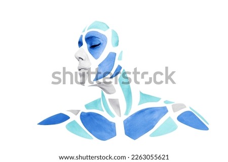 Portrait of person with creative art colored makeup posing in the studio. Shape of gray and blue polygons on beautiful human face, neck, shoulders. Geometrical pattern isolated on white background.