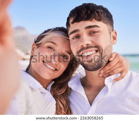 Selfie, couple and happy people on beach date on vacation and holiday trip together with love and happiness. Portrait, man and woman travel bonding with smile on adventure update social media