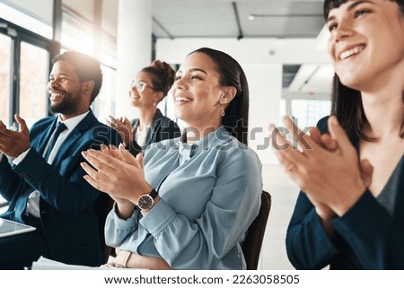 Applause, workshop and business people in meeting, conference or seminar in office. Celebration, group teamwork or crowd of employees clapping for presentation, goals or company targets at convention Royalty-Free Stock Photo #2263058505