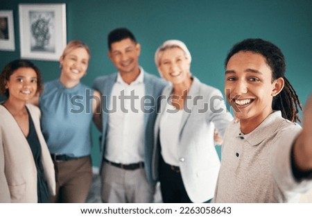 Business people, portrait smile and selfie for profile picture, vlog or team building at the office. Group of employee workers smiling for photo memory, social media or online influencer in about us
