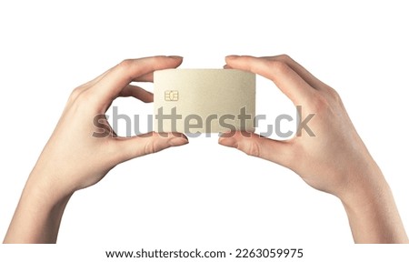Bank debit card mockup, template in hands. Blank credit plastic bankcard with chip isolated on white background. High quality photo Royalty-Free Stock Photo #2263059975