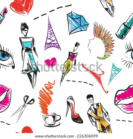 Seamless fashion hand drawn pattern, vector illustration