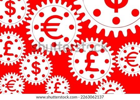 Vector concept, money makes the world go round. A gear mechanism with dollar, euro and pound sterling currency signs