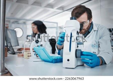 Man, doctor and forensic scientist with microscope for examination, experiment or test at laboratory. Male in science looking at micro organisms for exam, breakthrough or testing to find cure at lab Royalty-Free Stock Photo #2263067963