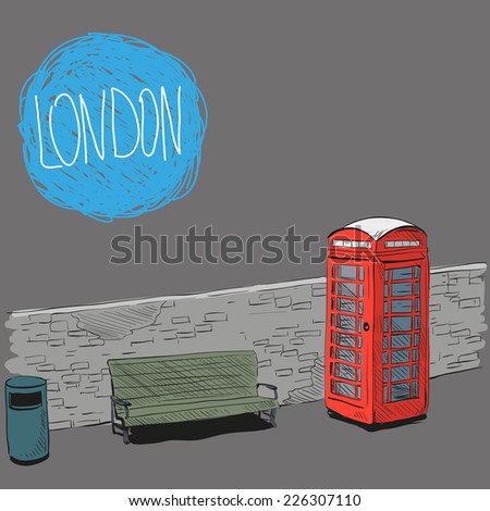 Hand drawing red english phone booth, vector illustration