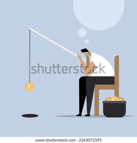 Conceptual illustration of a business person fishing rupee coins from a deep hole.