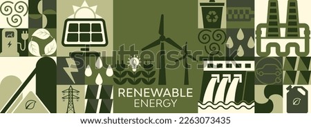 Renewable and sustainable energy development using simple geometric shapes, environmental and ecology idea, vector illustration. Green Energy, recycling and Natural Resource Conservation. vector flyer Royalty-Free Stock Photo #2263073435