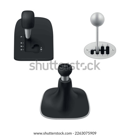 Car gearbox mechanical and automatic speed transmission set realistic vector illustration. Automobile transportation gear movement control gearshift handle knob shifter clutch vehicle technology tool Royalty-Free Stock Photo #2263075909