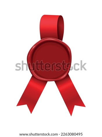 Wax stamp ribbons composition with realistic image of vintage stamp with red ribbon vector illustration