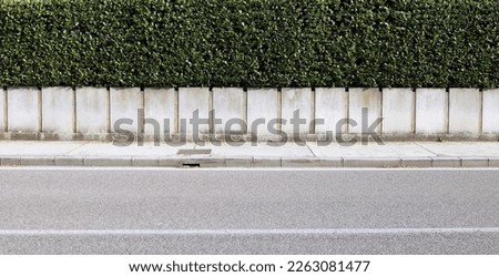 House fence consisting by a long concrete rectangle block wall and a hedge above. Cement sidewalk and asphalt street in front. Background for copy space. Royalty-Free Stock Photo #2263081477