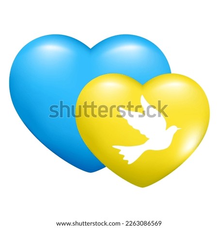 Hand drawn realistic 3d heart. Ukraine blue and yellow flag peace heart and dove bird. Symbol of peace and freedom of Ukraine. Abstract vector illustration isolated on white background