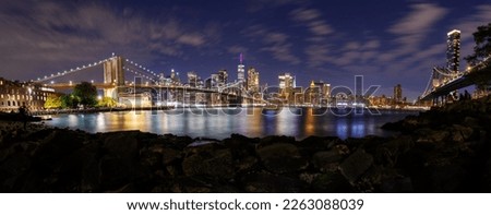 Panorama view of Manhatten with Brooklyn Bridge at night