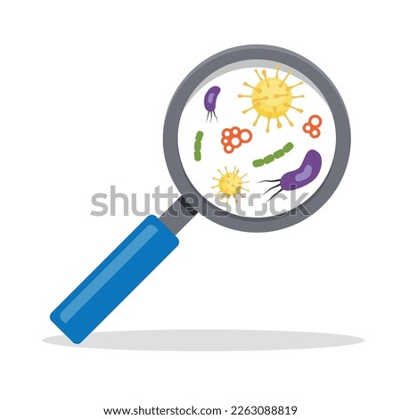 Virus and bacteria with Magnifying glass. Viruses and bacteria icon set.