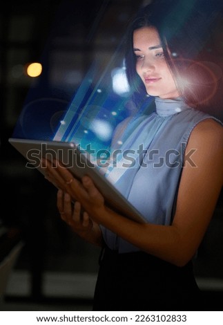 Tablet, global hologram and network woman at night in augmented reality or metaverse experience for future technology. Digital shine, futuristic light and business woman with scifi data on screen