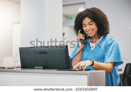 Nurse, phone call and tablet of black woman at hospital with a smile. Clinic doctor, healthcare worker and networking of a young person happy about work conversation and health insurance talk Royalty-Free Stock Photo #2263102849