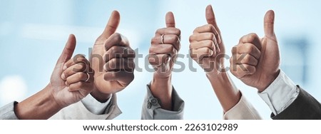 Hands, people and thumbs up for thank you, good job or success in collaboration, agreement or goals. Hand of group showing thumb emoji for winning, yes or support in trust, teamwork or solidarity Royalty-Free Stock Photo #2263102989