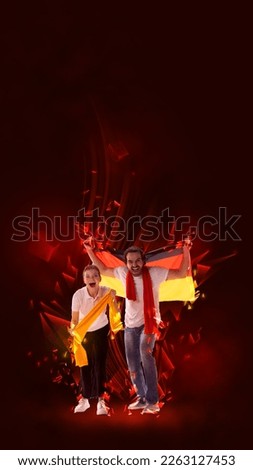 Creative art collage. Modern design. Man and woman, emotional people actively cheering up favourite german football team over red background. Concept of sport, cup, world, team, event, competition