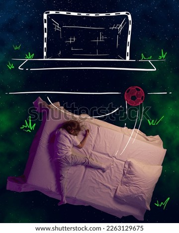 Creative design with line art over space background. Child, kid sleeping and dreaming of being football player. Fantasy, childhood, artwork, creativity, imagination, relaxation concept