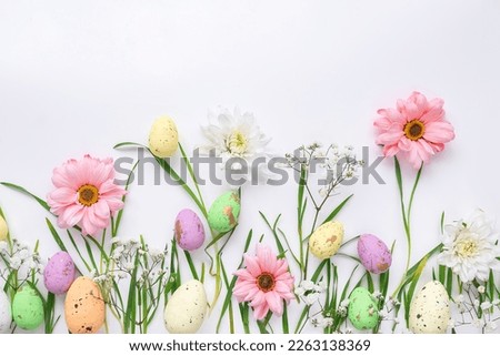 Easter template. Background with colorful eggs and flowers.