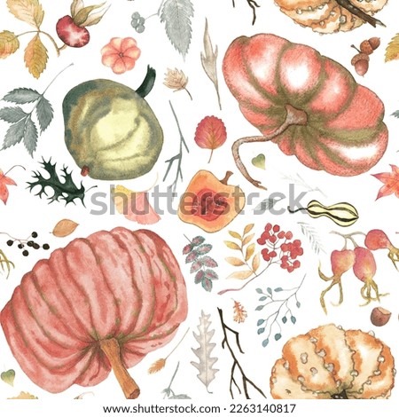 Autumn seamless pattern with pumpkins, leaves, rose hip, Rowanberry