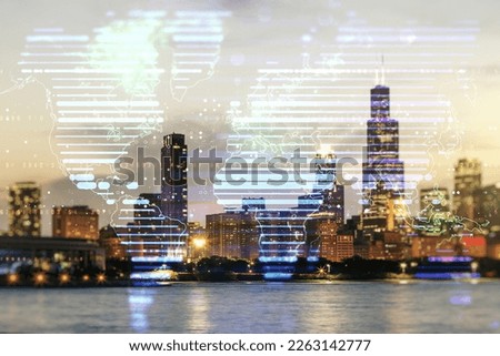 Double exposure of abstract digital world map on Chicago city skyscrapers background, research and strategy concept