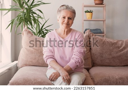Smiling middle aged mature grey haired woman looking at camera, happy old lady posing at home indoor, positive single senior retired female sitting on sofa in living room headshot portrait
