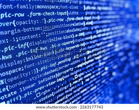 . Abstract pieces of PHP code of sale system. Virus malware concept. Modern technology background. Code on the computer screen. IT business. Closeup of Java Script, CSS and HTML code