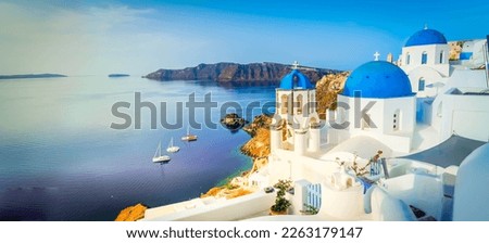 white church belfry and volcano caldera with sea landscape, beautiful details of Santorini island, Greece, banner