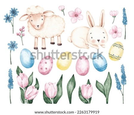 Easter set hand drawn by watercolor. Isolated on white background. Easter bunny,  eggs, lamb, spring flowers. Cute design in kids style