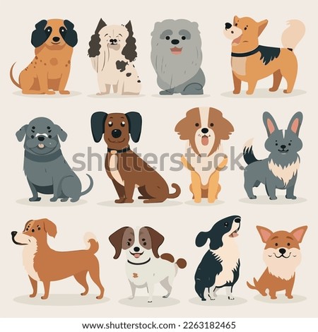 Cute dogs doodle vector 10 dogs. Cartoon dog or puppy characters design collection with flat color in different poses. Set of funny pet animals isolated on white background flat illustration 