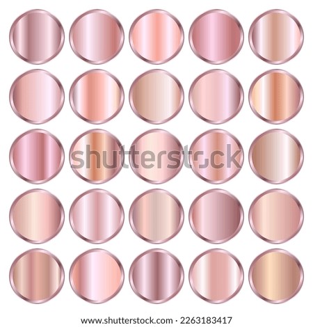 Rose gold texture gradient round plates vector set. Metallic design for frames, banners and labels. Realistic abstract pink golden patterns over white. Elegant light and shiny metal template.
