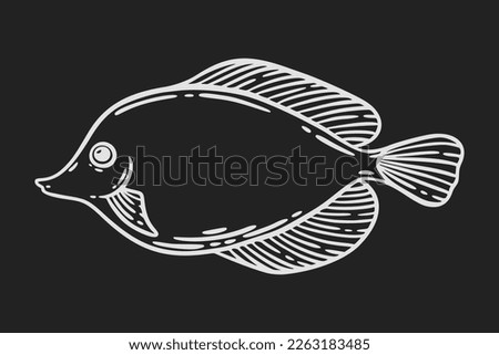 Fish sketch, hand drawn vector illustration. Restaurant sea food menu graphic engraved style. White isolated over black.