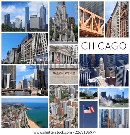 Chicago city photo collage. Landmark collage travel postcard from Chicago, Illinois.