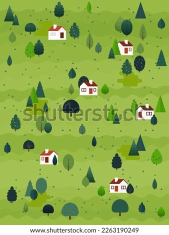Summer landscape vector illustration. Flat style trees and firs with village cottage houses and mountains. Nature scene poster or card.