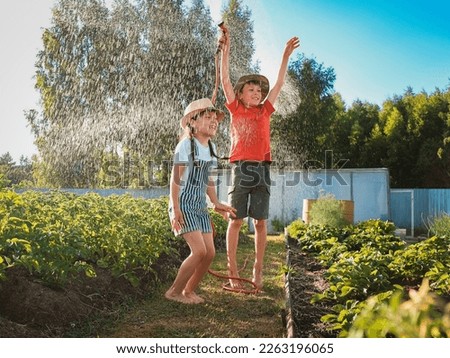 Sibling children frolic splashing with a water hose in the backyard in the garden on summer holidays in the village on a hot day. Friends fun