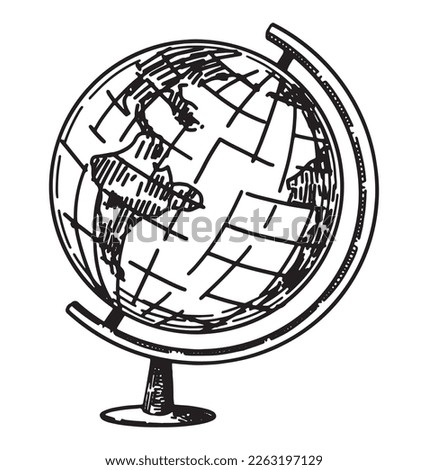 Desktop globe sketch. Geography model, school classroom tool outline clip art. Hand drawn vector illustration isolated on white..