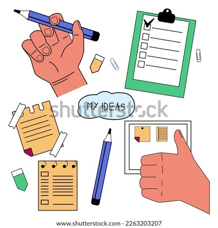 Vector set of simple illustrations for drawing up a plan. Human character and stationery in blue on a white background. Flat design style minimal vector illustration.
