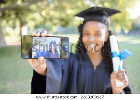 College graduation, certificate and black woman selfie with phone in hand to celebrate achievement. University student happy about goals, success and profile picture for motivation and education