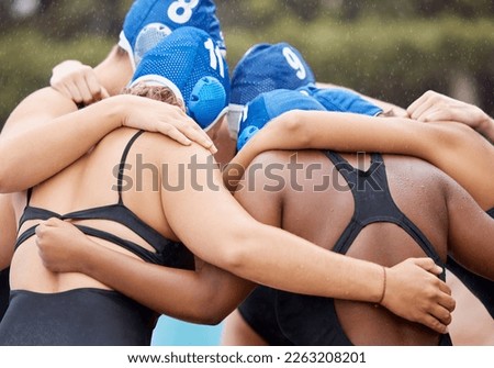 Women, swim and team huddle, fitness and training for competition, motivation and dedication for cardio. Female athletes, ladies and group with coordination, collaboration and swimmers with unity Royalty-Free Stock Photo #2263208201