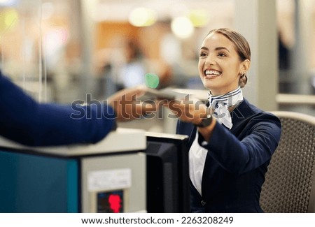 Woman, airport and passenger assistant with passport helping traveler for check in at terminal counter. Female service agent with smile in travel security or immigration documents for airline control Royalty-Free Stock Photo #2263208249