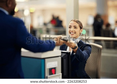 Woman, airport and service agent with passport helping traveler for check in at terminal counter. Female passenger assistant with smile in travel security or immigration documents for airline control Royalty-Free Stock Photo #2263208253