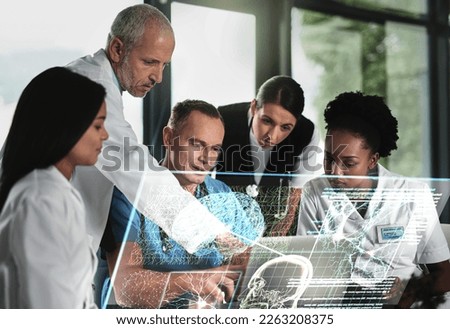 Laptop, team work or doctors with 3d hologram of brain for neurology or anatomy or dna in hospital clinic. Data analysis, group or medical healthcare research with innovation or digital development Royalty-Free Stock Photo #2263208375