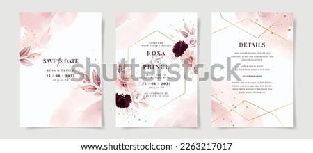 Elegant set of wedding invitation card template with pink and burgundy floral and leaves decoration Royalty-Free Stock Photo #2263217017