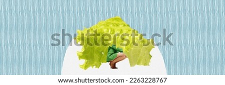 Contemporary art collage. Creative design with stylish young girl covered with lettuce like blanket. Healthy eating. Concept of food, retro style, artwork, creativity. Banner with copy space for ad