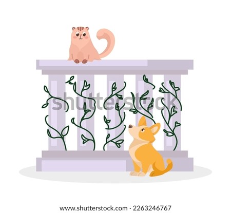 Cute cat and puppy on marble balcony flat vector illustration. Friendship or love between cartoon pet characters isolated on white background. Animal, date, Valentines day concept
