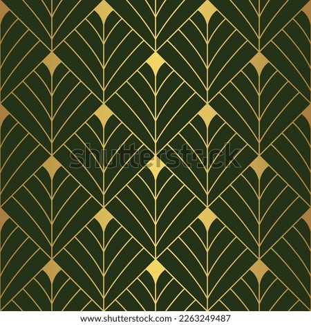 Art Deco diamond fan pattern. Luxury gold and green geometric decor. 