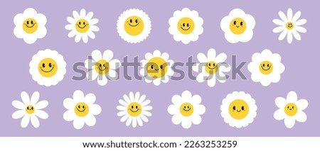 Groovy daisy flowers face collection. Retro chamomile smiles in cartoon style. Happy stickers set from 70s. Vector graphic illustration Royalty-Free Stock Photo #2263253259