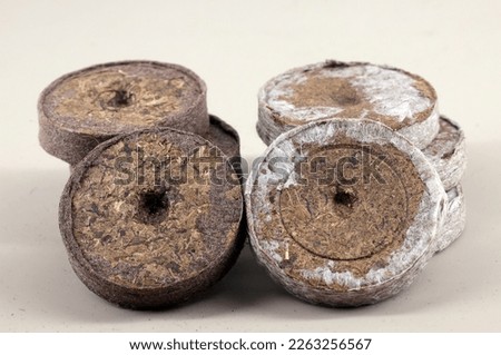Tablets for planting small seeds - peat and coconut fiber. planting substrate comparison Royalty-Free Stock Photo #2263256567