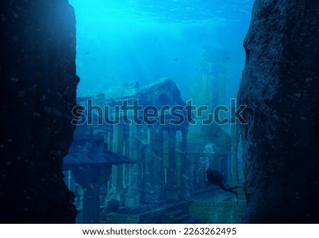 A scuba diver discovers the lost city of Atlantis conceptual theme. Royalty-Free Stock Photo #2263262495