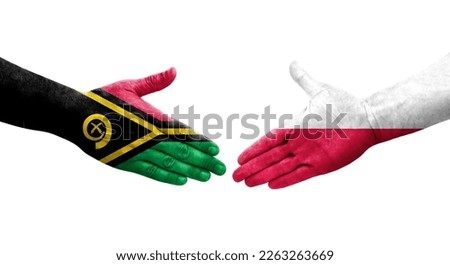 Handshake between Poland and Vanuatu flags painted on hands, isolated transparent image.